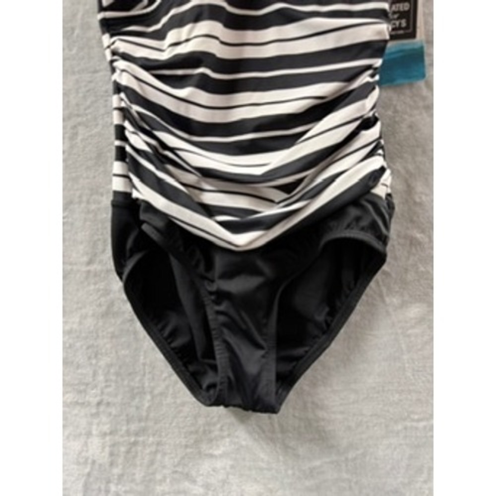 Swim Solutions Women Black White Striped Ruched V-Neck One-Piece Swimsuit NWT 8 - Picture 3 of 14